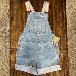 Women's Pride Rainbow Queen Shortall Overalls Denim Light Wash Blue Sz XS